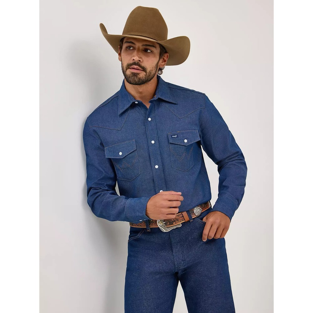 Wrangler Cowboy Cut Long Sleeve Western Denim Snap Work Shirt in Blue Men XL